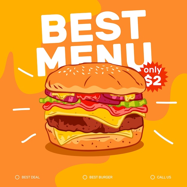 Hand drawn big burger doodle illustration promotional social media template