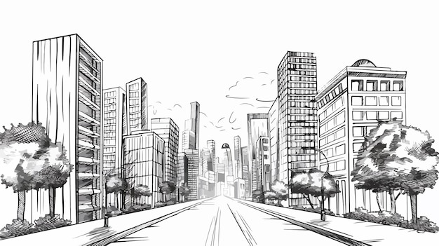 Hand Drawn Big City Street Graphic in Black and White