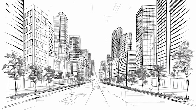 Hand Drawn Big City Street Graphic in Black and White