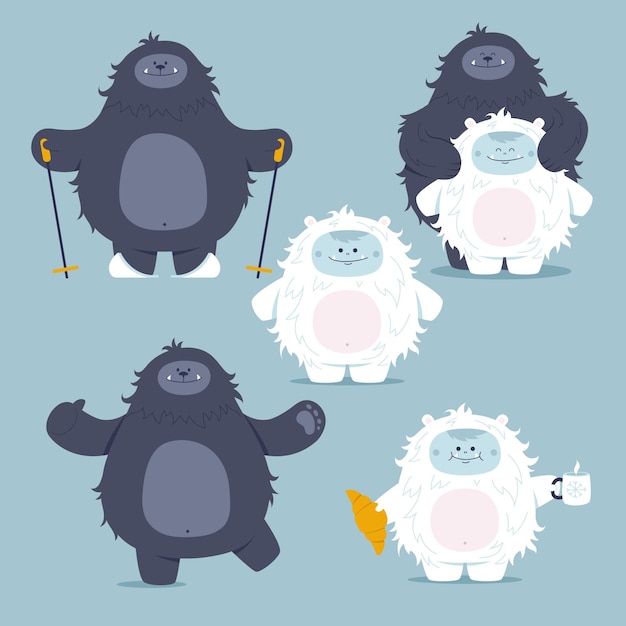 Vector hand drawn bigfoot sasquatch and yeti abominable snowman character collection