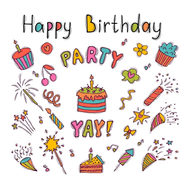 Hand drawn Birthday elements Party postcard Set of party design elements Doodle decoration