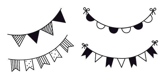 Hand drawn birthday or holiday flags for decoration Black line doodle paper party garland