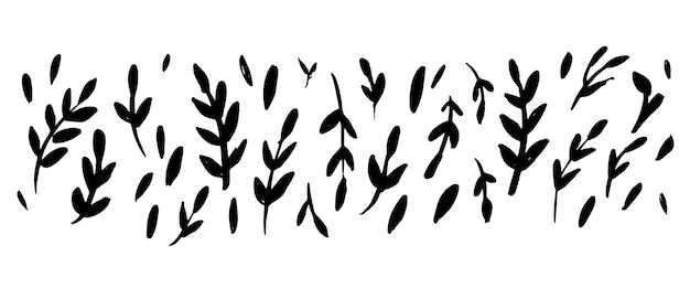 Hand drawn black ink bush branches with leaves set