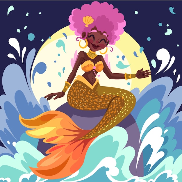 Hand drawn  black mermaid illustration