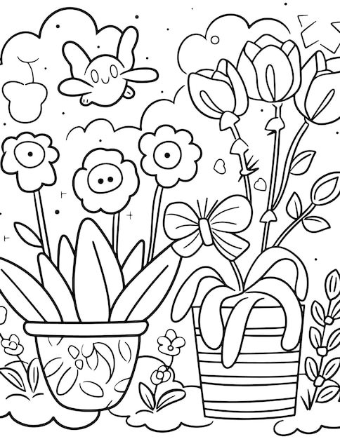 Vector hand drawn black and white flowers plant coloring page