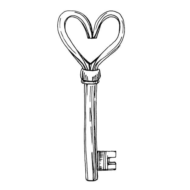 Hand drawn black and white sketch of old skeleton key