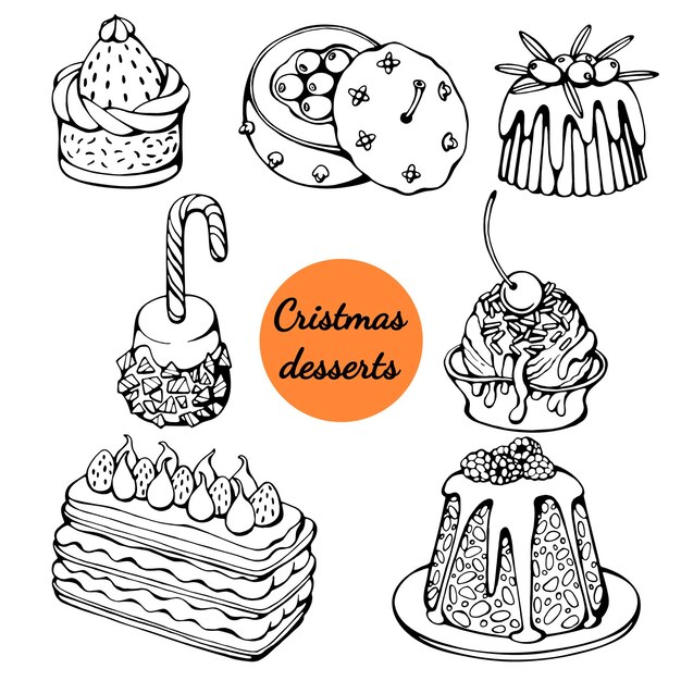 Vector hand drawn black and white vector set of christmas desserts isolated on white