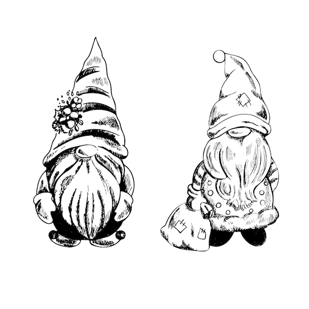 Hand drawn black and white vector sketch of gnomes