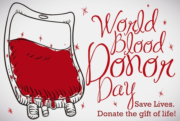 Hand drawn blood bag with stars for World Blood Donor Day