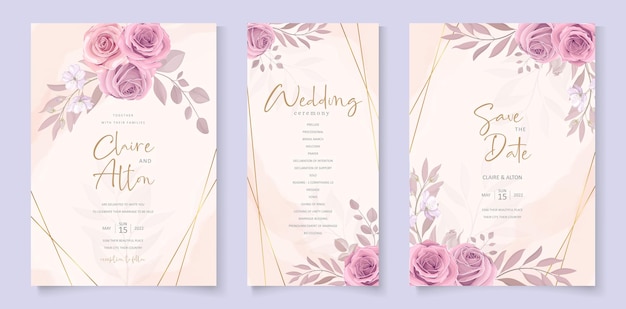 Hand drawn blooming rose flower wedding invitation template design