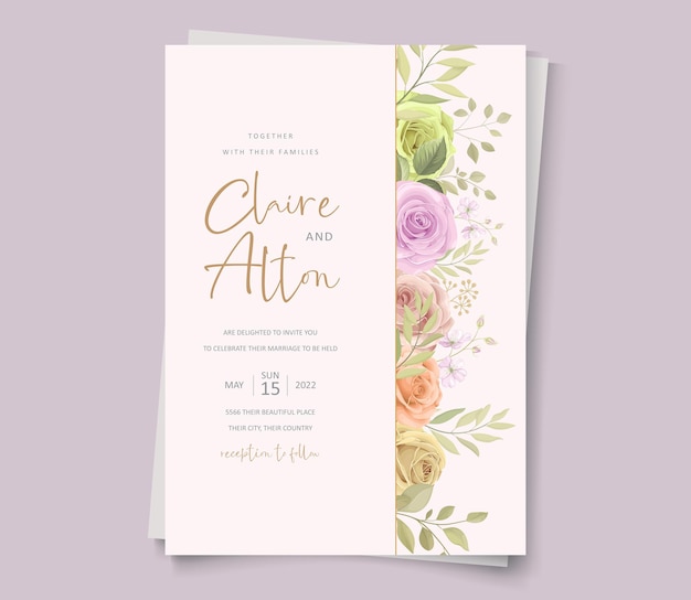 Hand drawn blooming rose flower wedding invitation template design