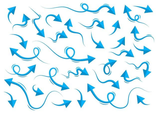 Hand drawn blue curved arrow shape in doodle style Arrow line set