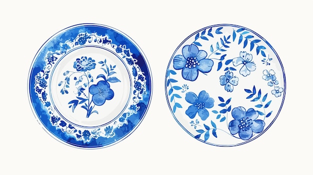 Vector hand drawn blue porcelain artisanal plate illustration