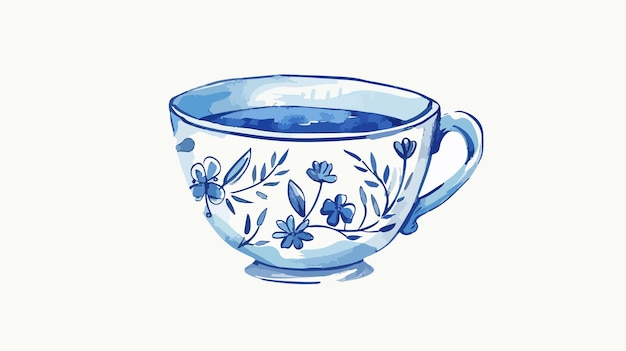 Vector hand drawn blue porcelain artisanal tea cup illustration