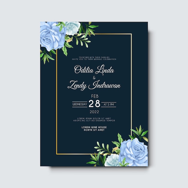 hand drawn blue roses wedding invitation template