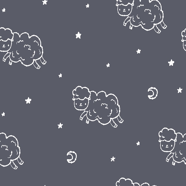 Hand drawn blue and white pattern, doodle sheep and stars seamless wallpaper. Cute vector animal