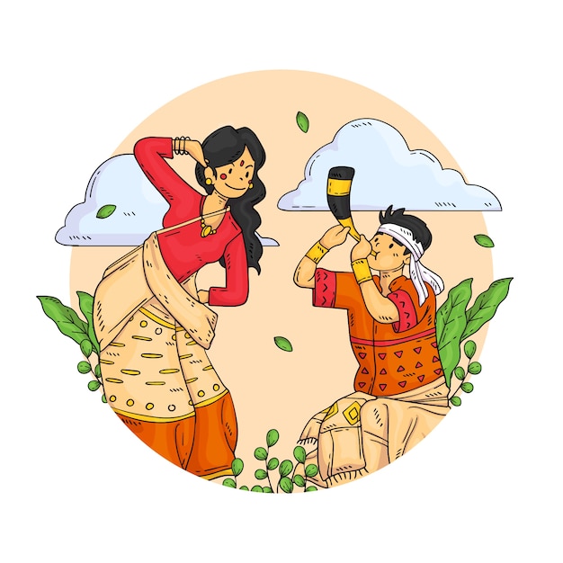 Vector hand drawn bohag bihu illustration