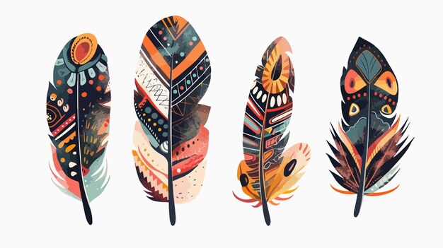 Hand Drawn Bohemian Tribal Ethnic Four Feathers