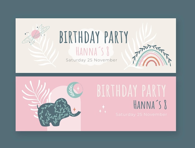 Hand drawn boho birthday horizontal banners