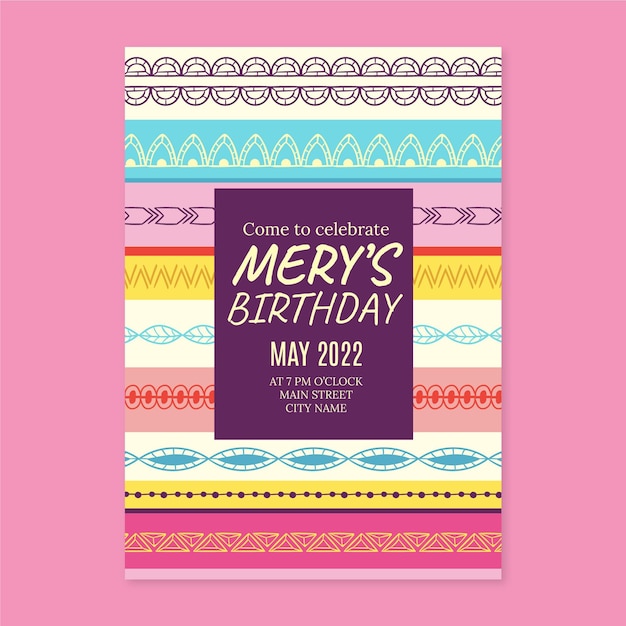 Vector hand drawn boho birthday invitation template