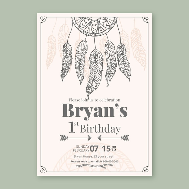 Hand drawn boho birthday invitation template