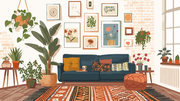 Vector hand drawn boho interior living room flowers