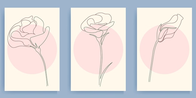 Vector hand drawn botanical flower line art poster set one line minimalistic flower wall art