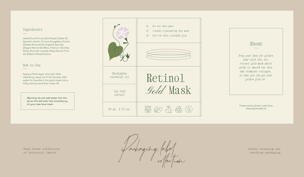 Hand drawn botanical line art vector cosmetics printable label design template