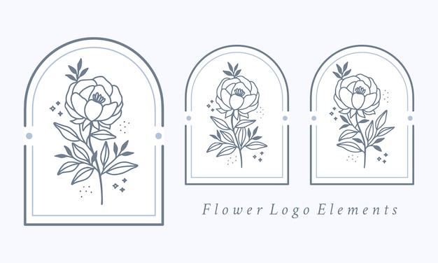 Hand drawn botanical peony flower logo element collection