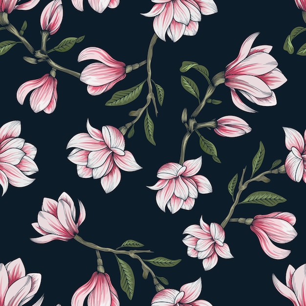 Hand drawn botanical seamless floral pattern with  magnolia flower branch