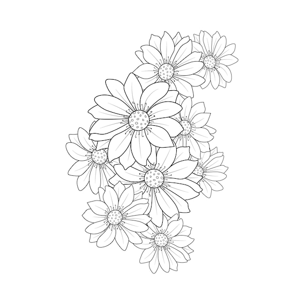 hand drawn botanical spring elements bouquet of  gerbera daisy flower line art coloring page