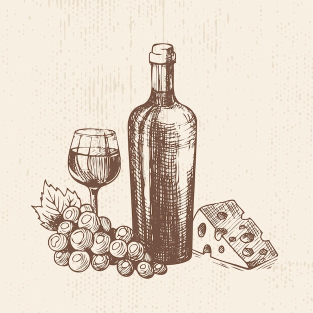 Hand drawn bottle of wine with a glass bunch of grapes and piece of cheese Vector sketch organic food illustration