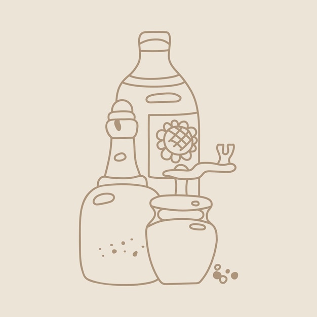 Hand drawn bottles with oil and vinegar for recipes and restaurant menu.