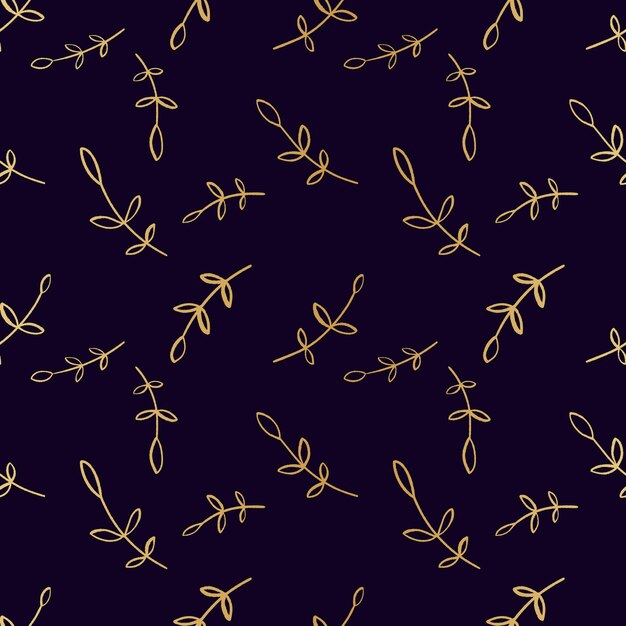 Vector hand drawn branches with leaves seamless pattern abstract gold botanical elements on dark green