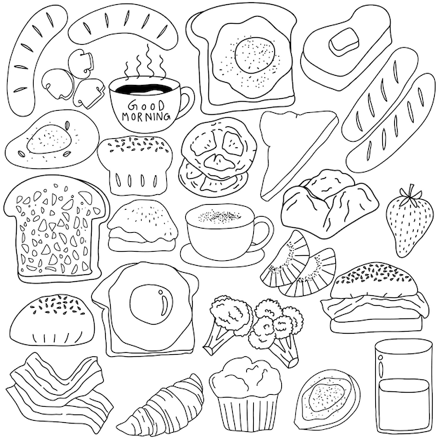 Hand drawn breakfast food set Vector illustration in doodle art style on white background