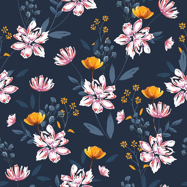 Hand drawn brushed sketch soft blooming white floral with many kind of botanical florals, plants artistic mood seamless pattern vector EPS10 , Design for all prints on dark blue