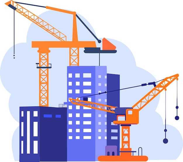 Hand Drawn Building with crane under construction in flat style isolated on background