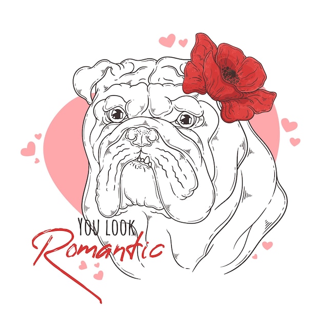 Hand drawn bulldog with flowers  