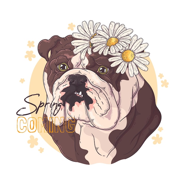 Hand drawn bulldog with flowers