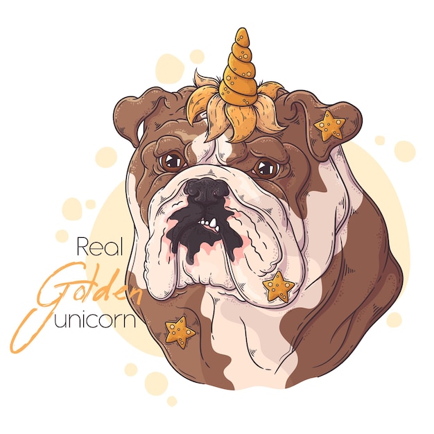 Hand drawn bulldog with unicorn horn  