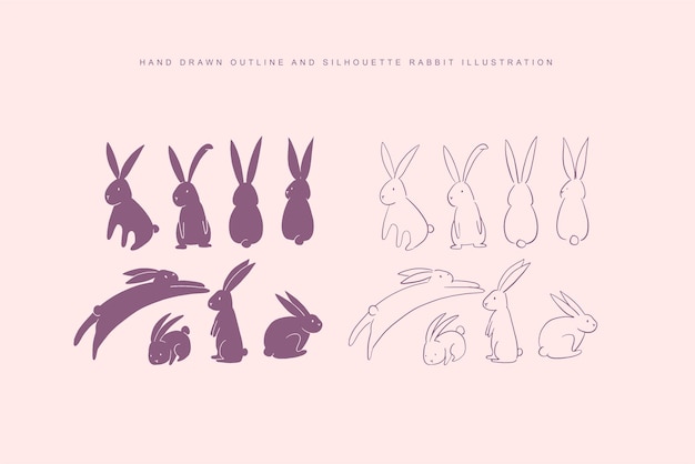 Hand drawn bunny or rabbit in outline and silhouette style