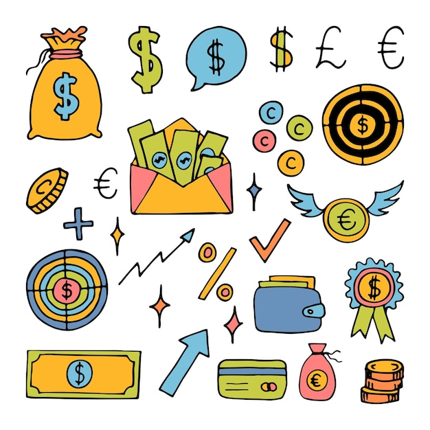 Vector hand drawn business icons finance money investment strategy doodle sketch design