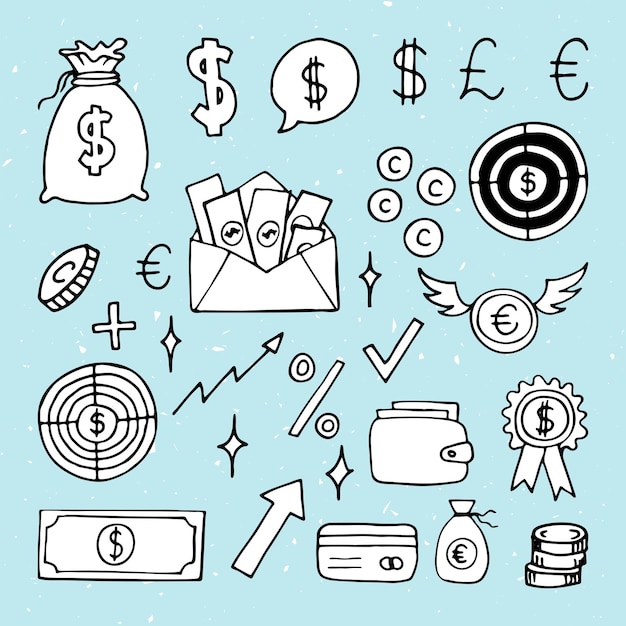 Vector hand drawn business icons finance money investment strategy doodle sketch design