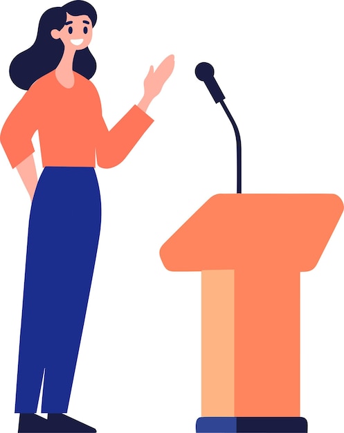 Hand Drawn Business woman speaking on the podium in flat style isolated on background