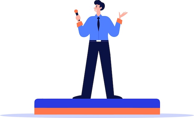 Vector hand drawn businessman speaking on the podium in flat style isolated on background