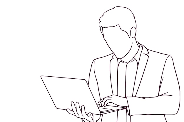 Hand drawn businessman working on the laptop illustration