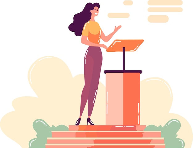 Vector hand drawn businesswoman speaking on the podium in flat style