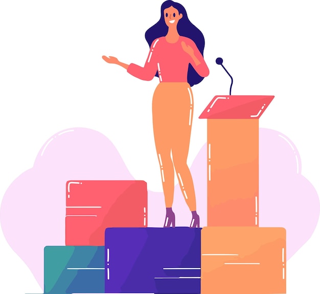 Hand Drawn Businesswoman speaking on the podium in flat style