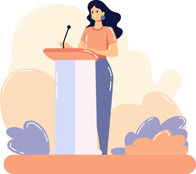 Vector hand drawn businesswoman speaking on the podium in flat style