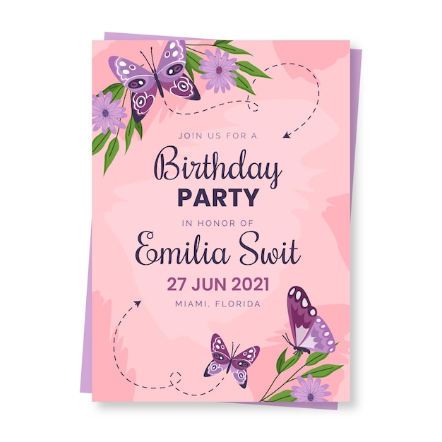 Hand drawn butterfly birthday invitation template